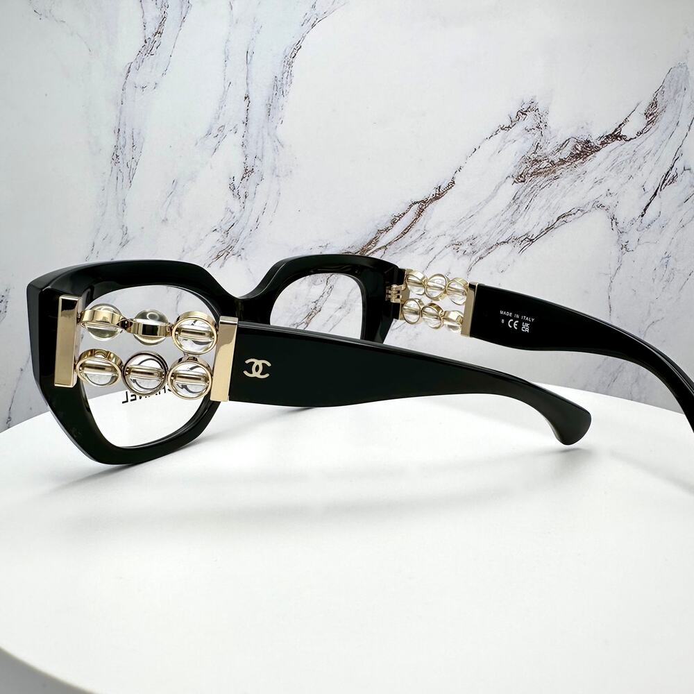 New CHANEL Eyeglasses Black Gold Cat Eye Clear Rotating Pearls 52mm - Picture 9 of 15